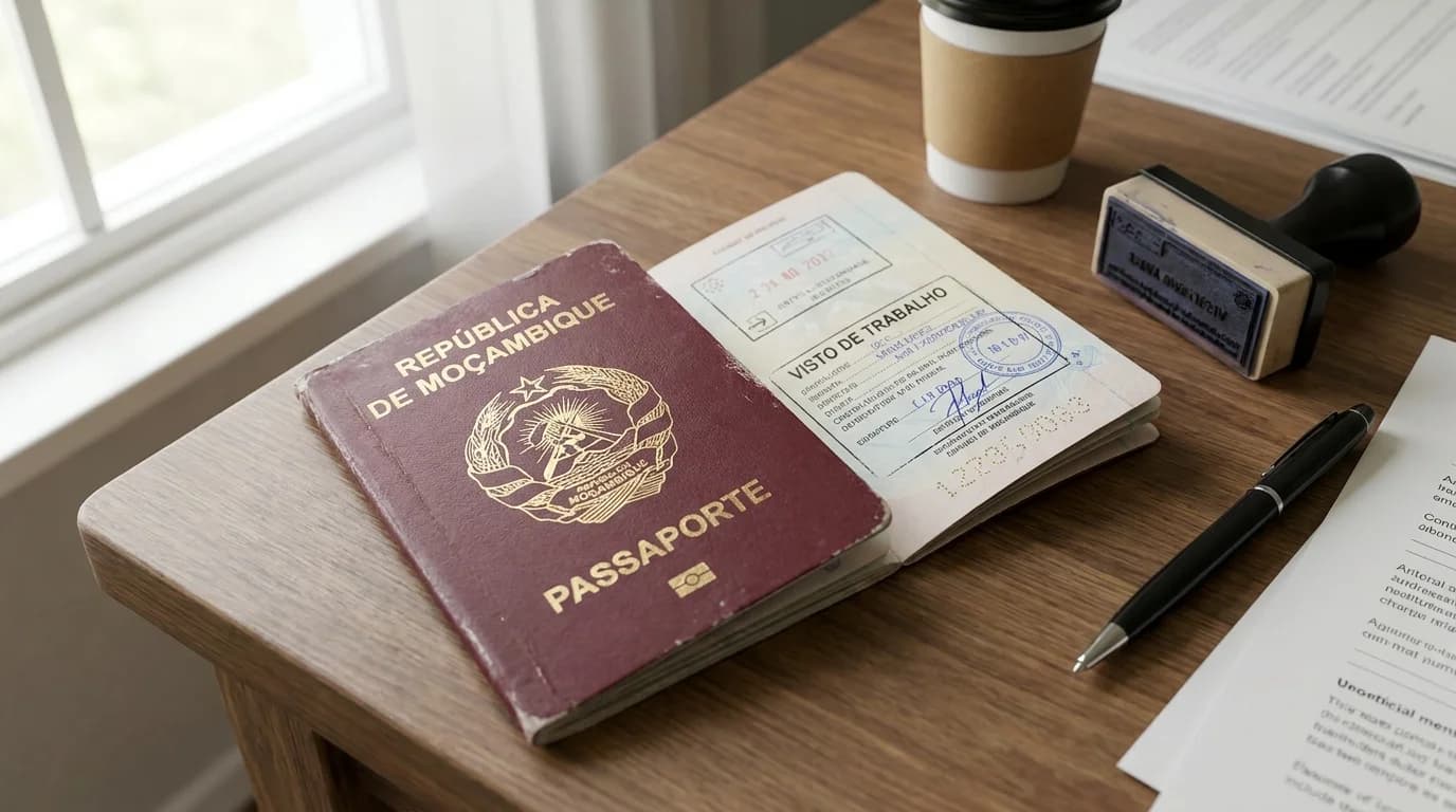 Passaporte moçambicano aberto numa página com visto de trabalho, ao lado de um carimbo e uma caneta